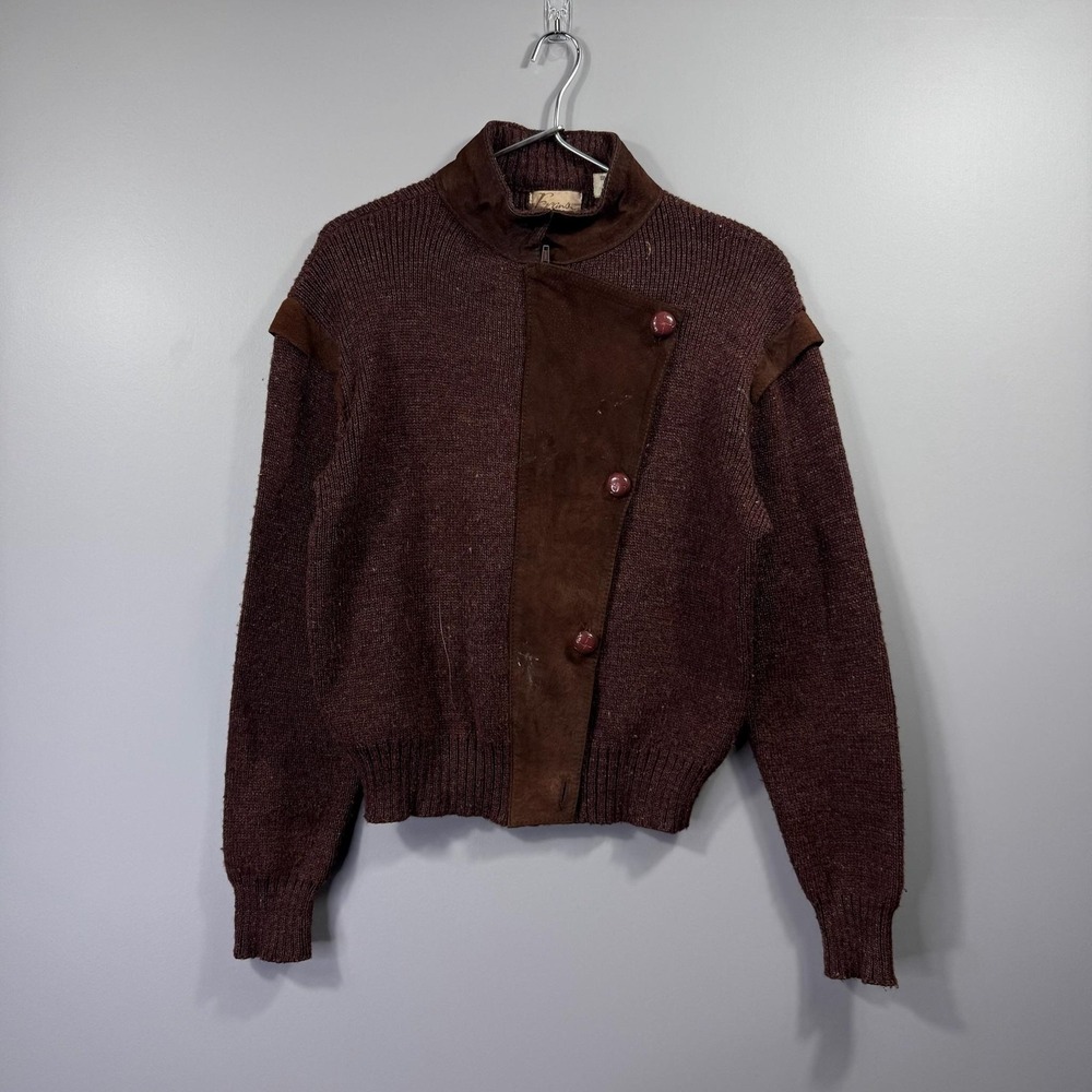 Vintage Evans Sweater Womens Large Brown Leather Full Zip Cardigan Mock Neck 80s